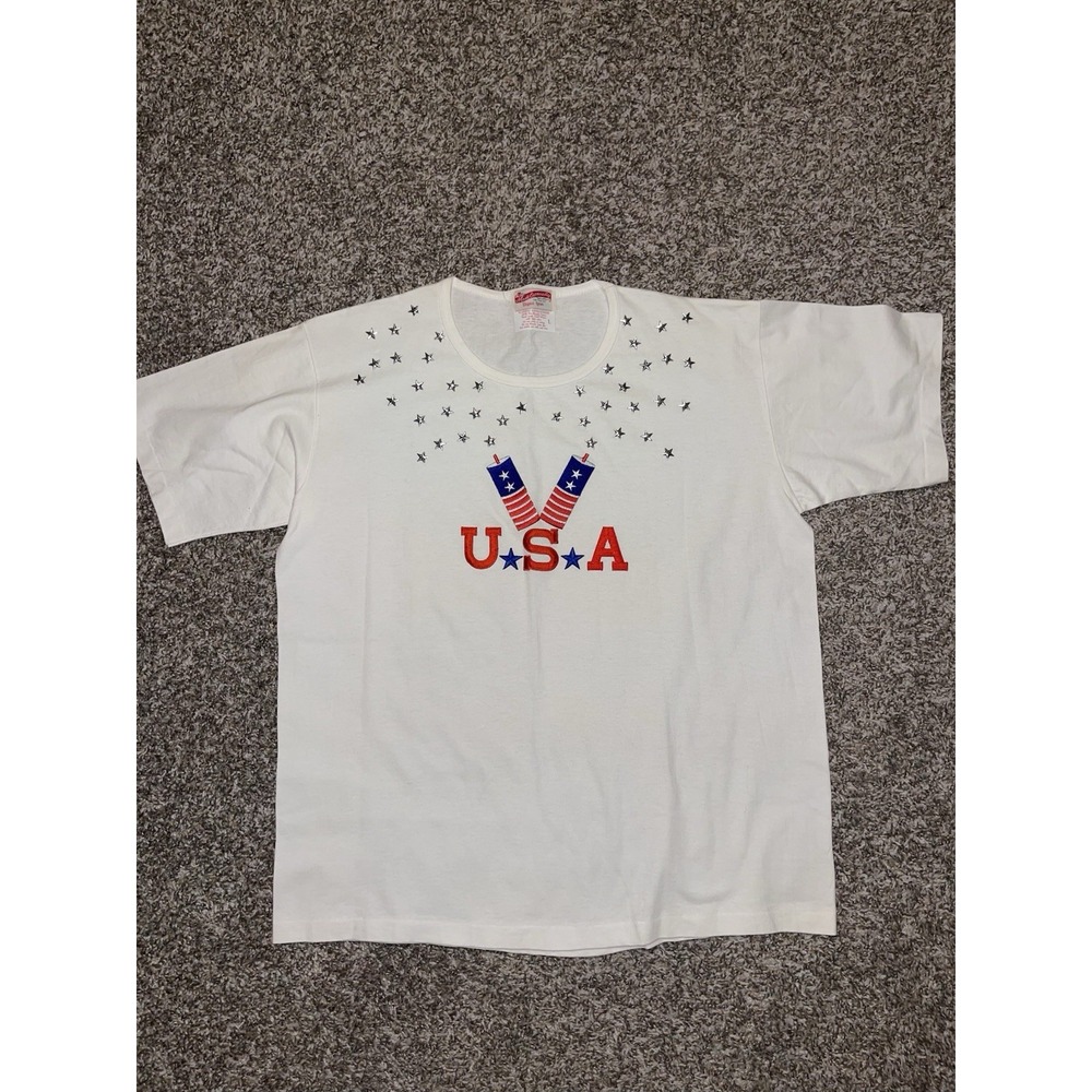Vintage‎ Women's Size Large Elegant Sport USA Firework Stars T-Shirt Bling